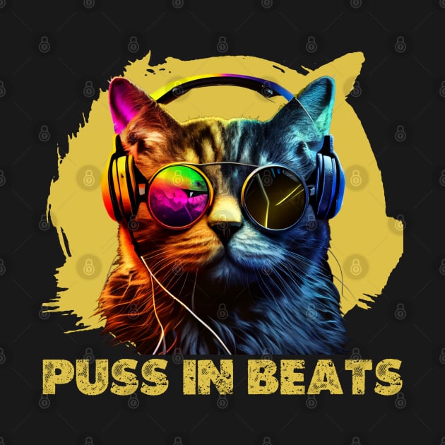 Puss in Beats, Funky Cat in DJ Headphones by Teessential