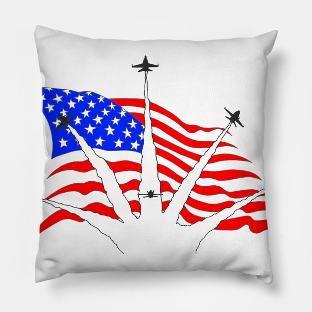 F18 Hornets flying over American Flag Ver 4 Pillow by Joseph Baker