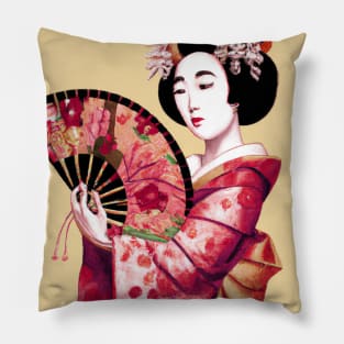 Elegant Geisha with Paper Fan - Traditional Japanese Art Design Pillow