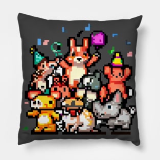 A group of animals having a party or celebrating a holiday, pixel art Pillow