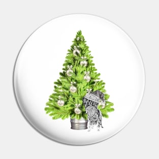 Papillon Dog Christmas scene with Christmas tree and Santa hat Pin