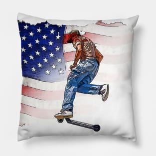 Patriotic Scooter Rider and US Flag Artwork Pillow