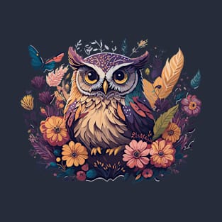 Cute Owl Surrounded by Flowers T-Shirt