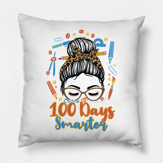 100 Days Smarter Girls Messy Bun Hair 100th Day Of School Pillow by Artyui