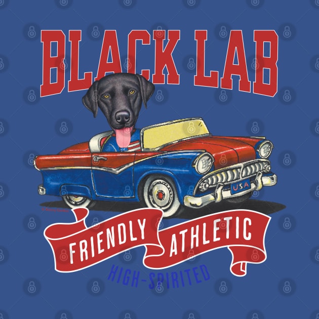 Humor cute funny black lab labrador retriever dog driving a vintage classic retro car to a parade with red white and blue flags by Danny Gordon Art
