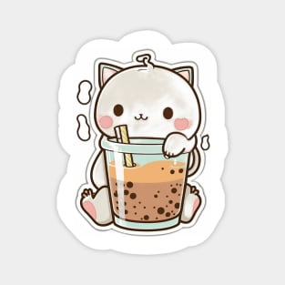 Cute Cat Drinking Bubble Tea Cartoon Boba Drawing Magnet