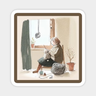 Woman Knitting at Home Magnet