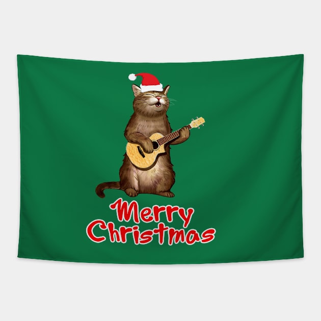 Funny xmas ugly Gifts for cat lovers owners playing ukelele Tapestry by AwesomePrintableArt