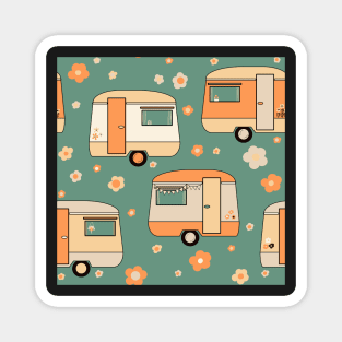 Repeat pattern of cute vintage caravans in retro colours on teal Magnet