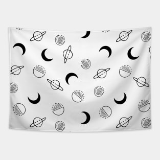 Hand Drawn Moon Planets Black and White Tapestry