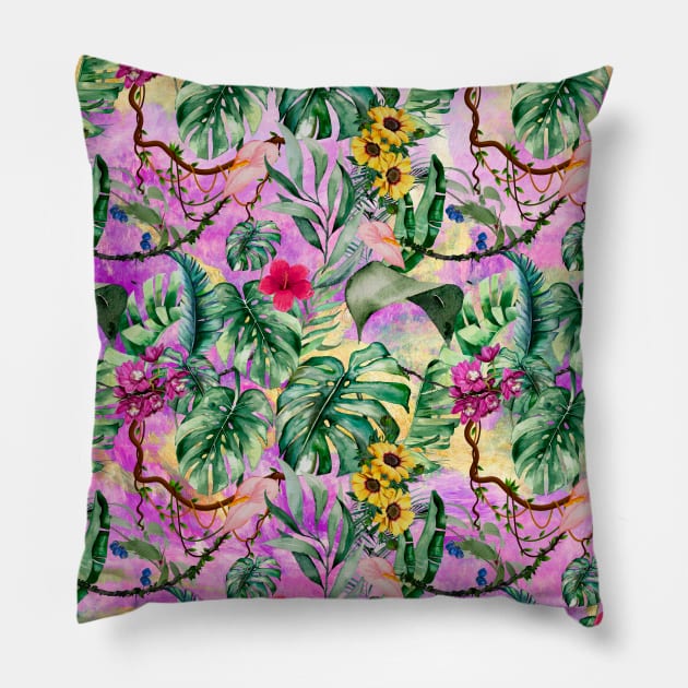 Cute tropical floral leaves botanical illustration, tropical plants,leaves and flowers, pink purple leaves pattern Pillow by Zeinab taha