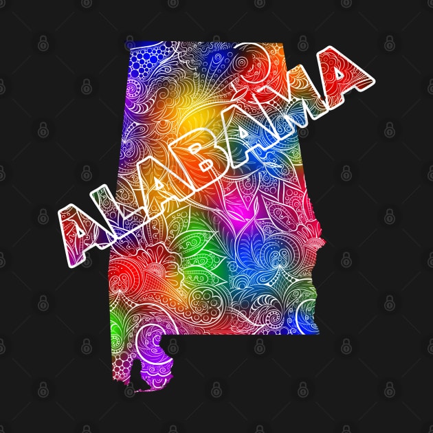 Colorful mandala art map of Alabama with text in multicolor pattern by Happy Citizen