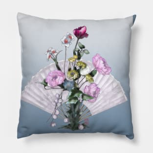 Pale pink watercolor peonies with a folding fan Pillow