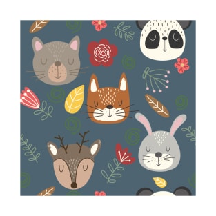 Woodland animals kids pattern navy blue background T-Shirt