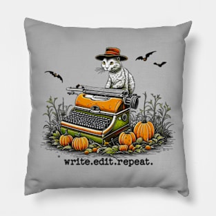 write edit repeat Halloween Cat Pillow