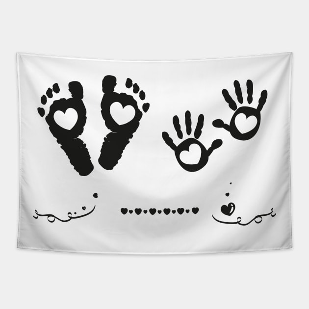 Twin baby girl and boy hand and foot print black and white Tapestry by GULSENGUNEL