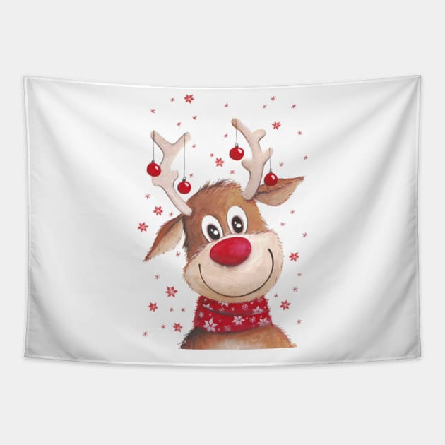 Adorable Christmas Deer Tapestry by Honu Art Studio