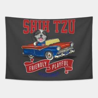 Cute Shih Tzu dog in a funny vintage classic retro car with red white and blue flags Tapestry