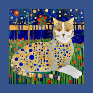 Klimt Tabby Cat with Blue Spots in Flower Garden T-Shirt