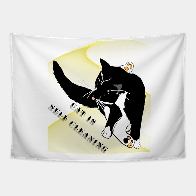 cute Tuxedo cat is self cleaning  Copyright TeAnne Tapestry by TeAnne