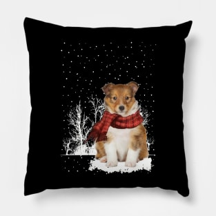 Christmas Shetland Sheepdog With Scarf In Winter Forest Pillow