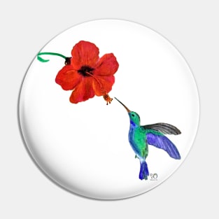 Hummingbird in Flight Feeding from Hibiscus Original Art Painting Pin