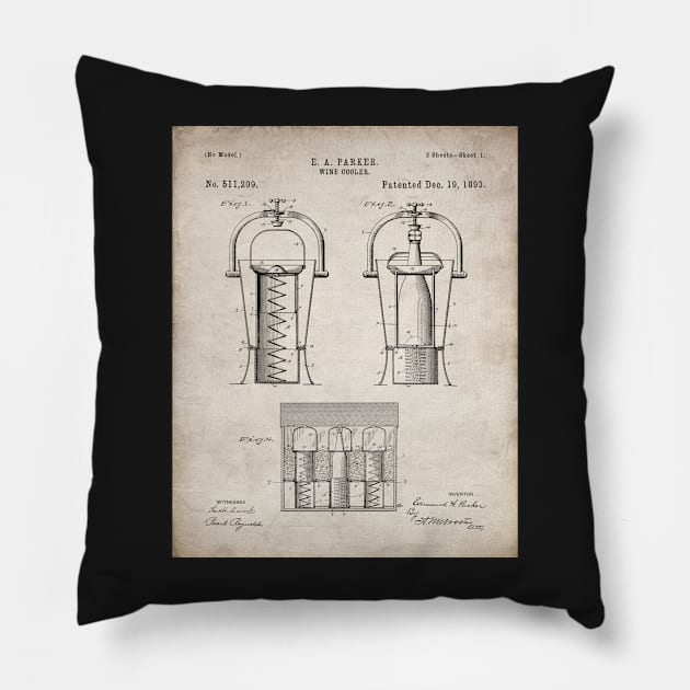 Wine Cooler Patent - Wine Lover Kitchen Cafe Decor Art - Antique Pillow by patentpress