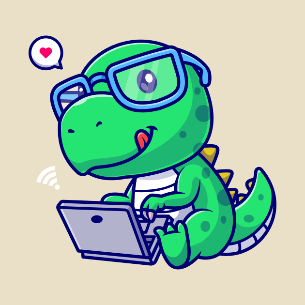 Cute Dino Working On Laptop Cartoon by Catalyst Labs
