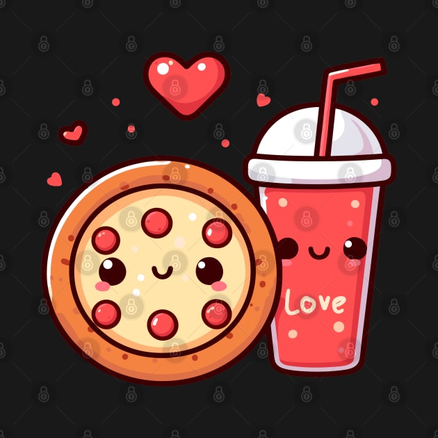 Kawaii Pizza and Diet Coke with Red Hearts | Cute Pizza Illustration by Nora Liak