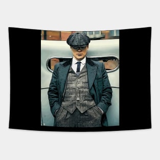 well shelved, thomas shelby leans against a car with his hands in his pants and hat pulled deep into his face as abstract art (vers. 1) Tapestry