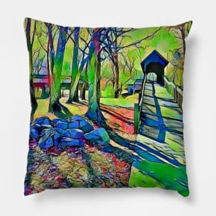 Vibrant covered bridge scene Pillow