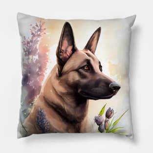 A Belgian Malinois Dog in a Garden Watercolor Pillow