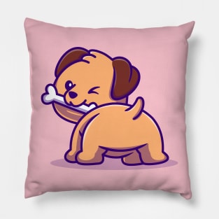 Cute Dog Bites Bone Cartoon Pillow