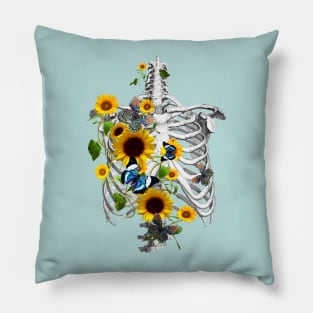 Botanical human skeleton art, Rib cage and flowers, sunflowers and butterflies ribcage Pillow