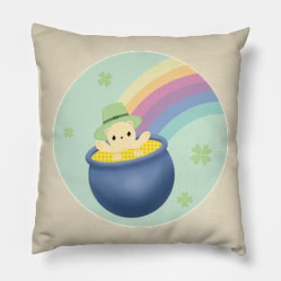 St Patrick’s Day, cute saint patricks day illustration with cute bear in pot of gold and leprechaun hat and rainbow Pillow