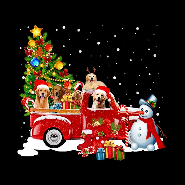 Retriever Dog Christmas On Red Car Truck with Xmas T-Shirt by kimmygoderteart