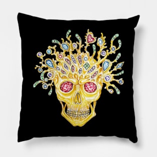 Skull head surrealist art set with fancy sapphire and gold. Pillow