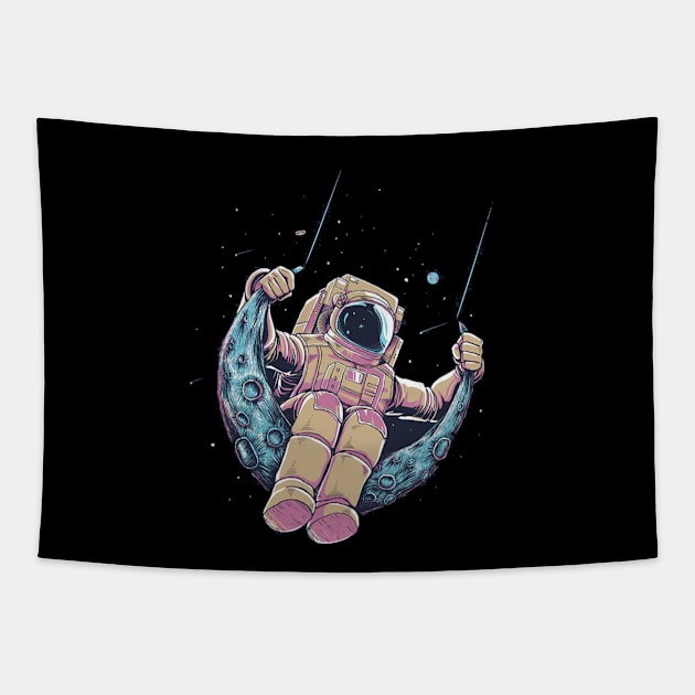 Astronaut Swinging From The Moon Tapestry by Honu Art Studio