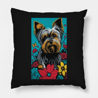 Yorkshire Terrier Dog Vibrant Tropical Flower Tall Retro Vintage Digital Pop Art Portrait 2 Pillow