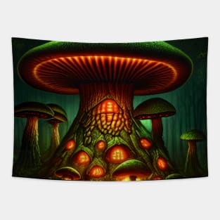 Magical Big Cottage Mushroom House with Lights in Forest with High Trees, Mushroom Aesthetic Tapestry