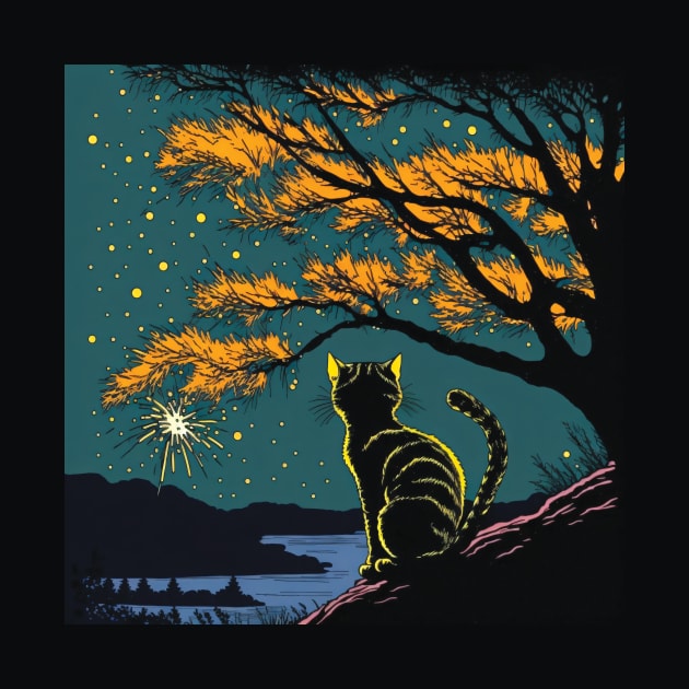 Tabby Cat Watching Fireworks over a Lake by Geminiartstudio