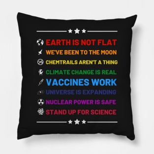 Earth is not flat, Vaccines work, We've been to the moon, Chemtrails aren't a thing, Climate change is real, Stand up for science, Universe is expanding, Nuclear power is safe Pillow