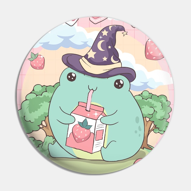 Cottagecore Aesthetic Kawaii Frog Wizard Hat Strawberry Milk Gift Pin by Alex21