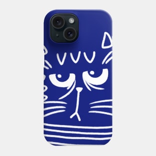 Cute blue and white cat head with grumpy face on blue background Phone Case