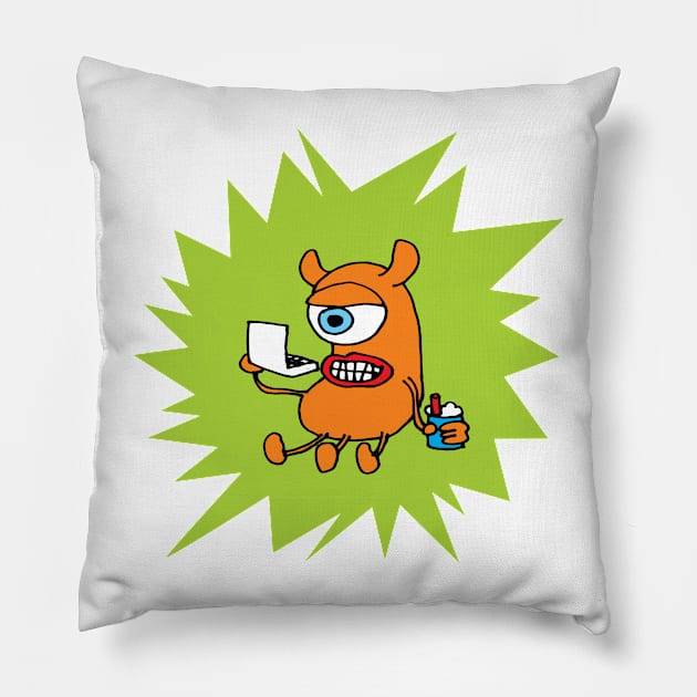 MONSTER WORKING AT LAPTOP COMPUTER Pillow by CliffordHayes