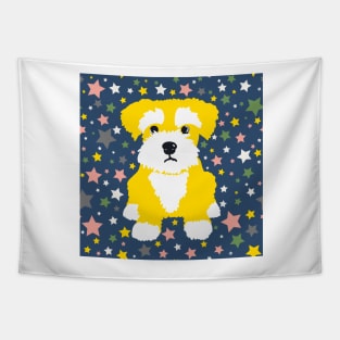 Yellow Miniature Schnauzer and Stars on Blue Background Tapestry