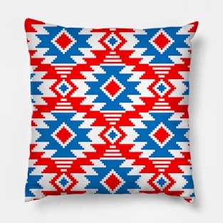 Tribal Aztec Native Ornament - White Medium Cyan Blue Red - Ethnic Amulet Boho Pattern Pillow