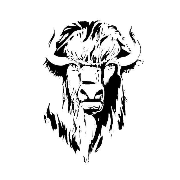 Illustration of a buffalo head in black and white by Hujer