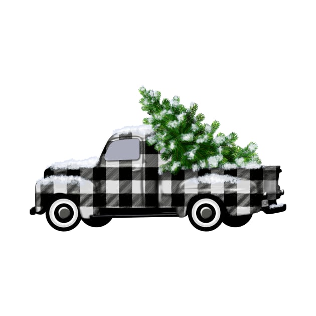 Black and White Buffalo Plaid Vintage Truck with Pine Tree by CheriesArt