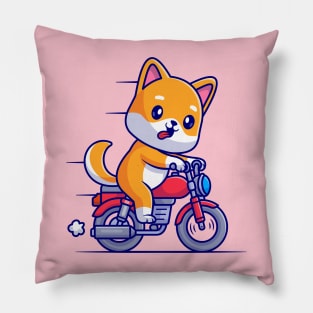 Cute Shiba Inu Dog Riding Motorcycle Cartoon Pillow